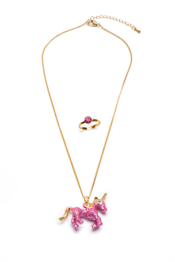 Great Pretenders Glitter Pink Unicorn Necklace and Ring Set - The Mini Branch