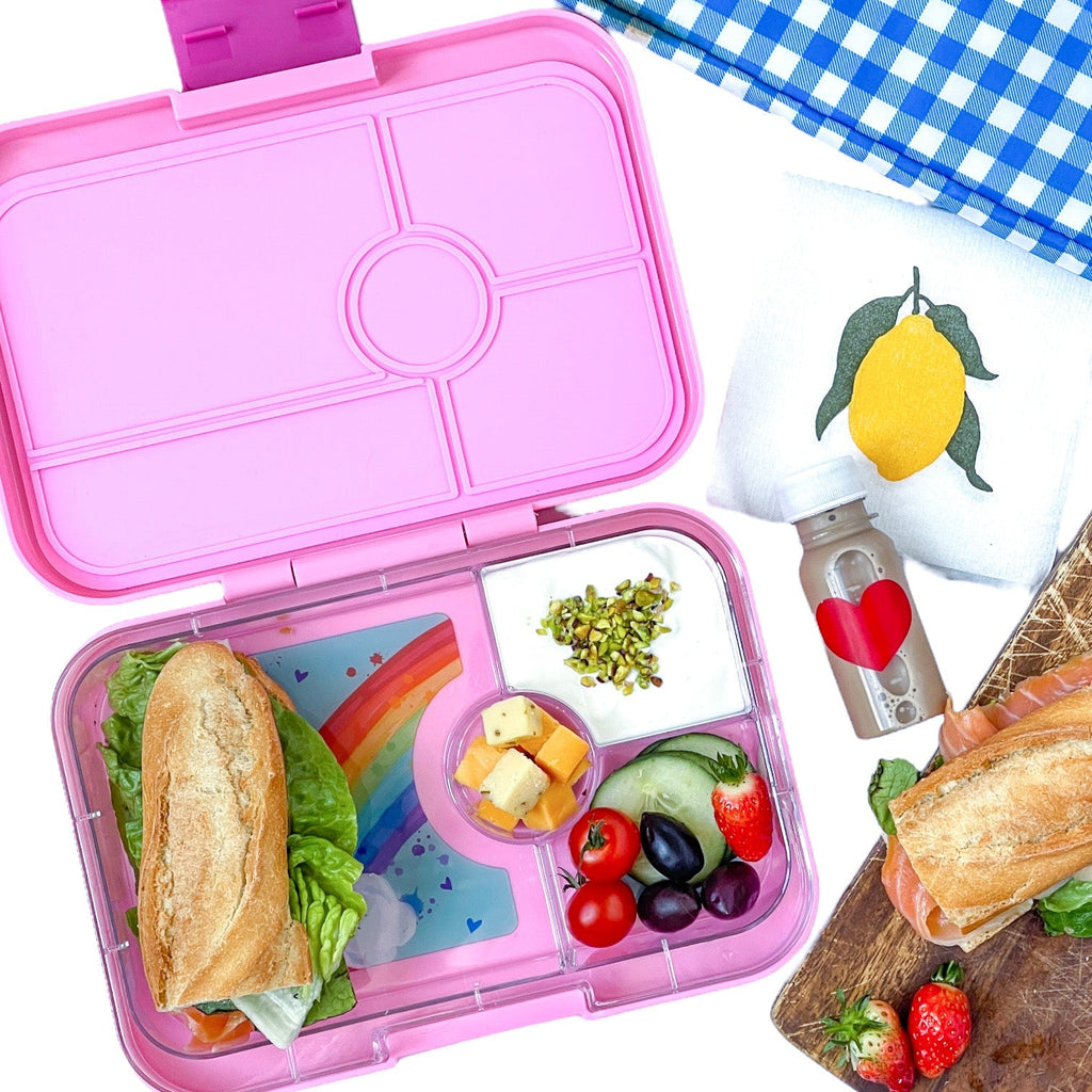 Leakproof Yumbox Tapas Bento Lunch Box - 4 Compartment - Capri Pink With Rainbow Tray - The Mini Branch