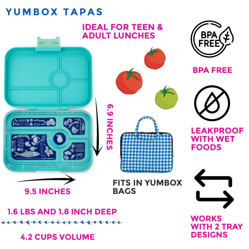 Leakproof Yumbox Tapas Bento Lunch Box - 5 Compartment - Antibes Blue With Bon Appetit Tray - The Mini Branch