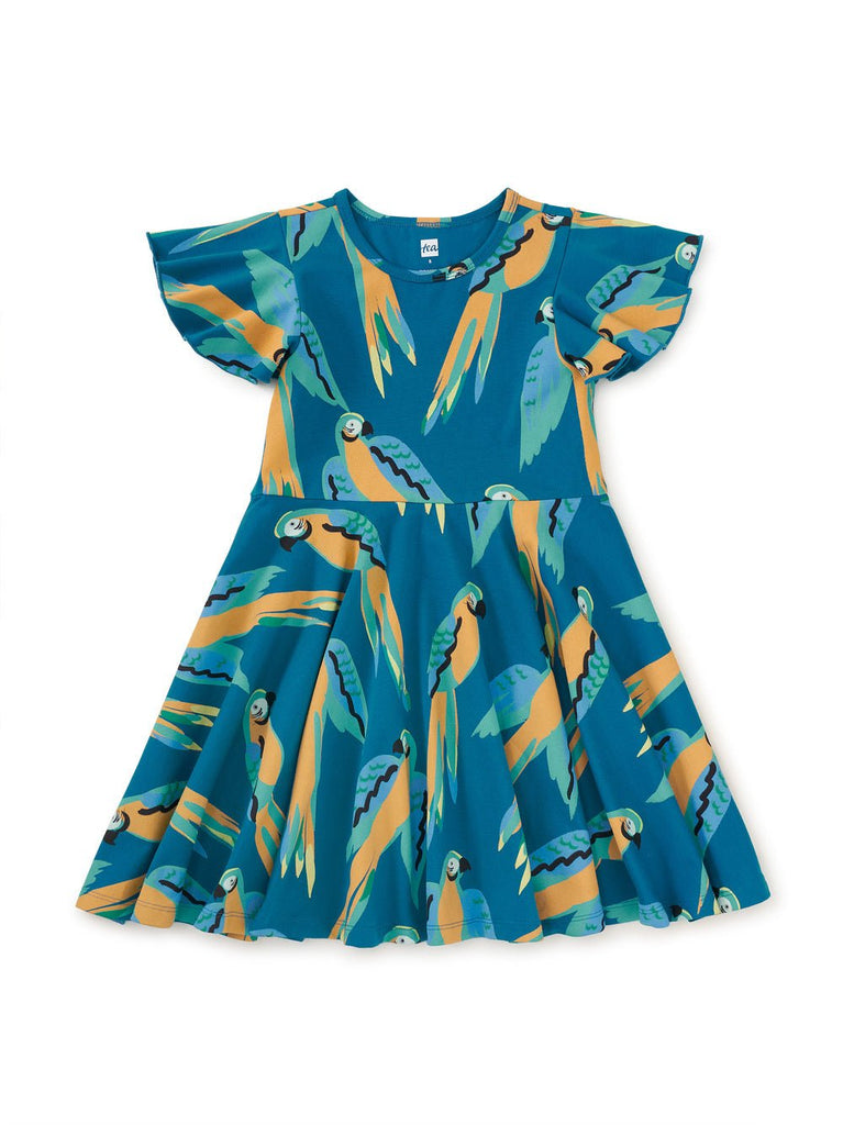 Tea Collection Flutter Sleeve Twirl Dress - Blue & Yellow Macaws - The Mini Branch