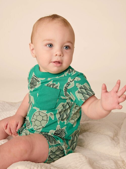 Tea Collection Shortie Pocket Baby Romper - Tiled Turtles - The Mini Branch