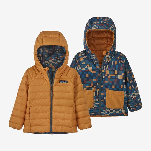 Patagonia Baby Reversible Down Sweater Hoody - Fitz Roy Patchwork: Ink Black - The Mini Branch